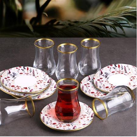 6 Kişilik Seramik Tabaklı Çay Bardağı Seti - Çok Renkli