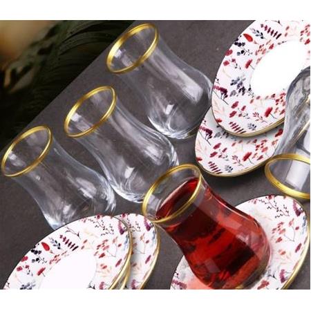 6 Kişilik Seramik Tabaklı Çay Bardağı Seti - Çok Renkli