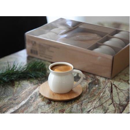 6 Kişilik Bambu Tabaklı Porselen Kahve Fincanı Takımı