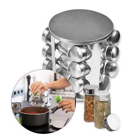 12li Döner Metal Stantlı Cam Baharatlık Baharat Takımı Seti