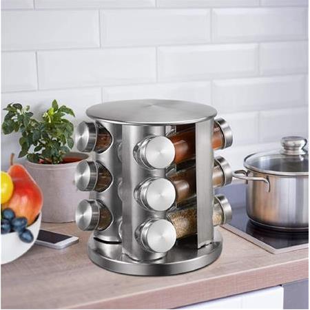 12li Döner Metal Stantlı Cam Baharatlık Baharat Takımı Seti