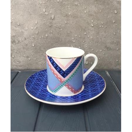 6 Kişilik Altın Yaldızlı Mavi Renk Geometrik Desenli Porselen Kahve Fincanı Takımı