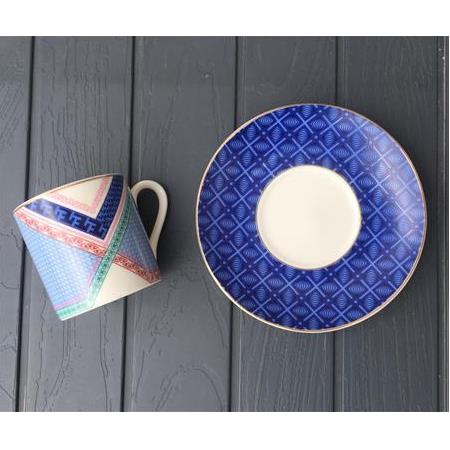 6 Kişilik Altın Yaldızlı Mavi Renk Geometrik Desenli Porselen Kahve Fincanı Takımı