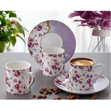6 Kişilik Altın Yaldızlı Çiçek Desenli Renkli Porselen Kahve Fincanı Takımı