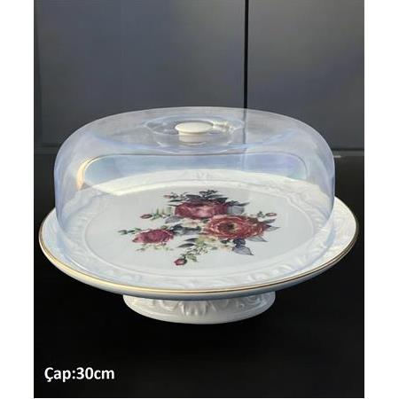 Rose Ayaklı Seramik Kek Pasta Sunum Fanusu Tabağı - Çap:30cm