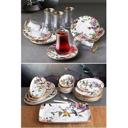 Flora 27 Parça Seramik Kahvaltılık Kahvaltı Pasta Tabağı Çay Takımı Seti