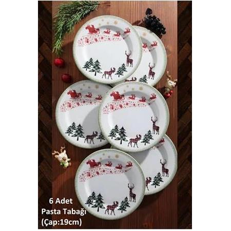 6 Kişilik Porselen 19cm Yılbaşı Desenli Pasta Tatlı Tabağı Tabak Seti