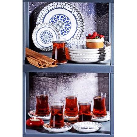 18 Parça Seramik Pasta Tabağı Çay Bardağı Sunum Seti - Mavi