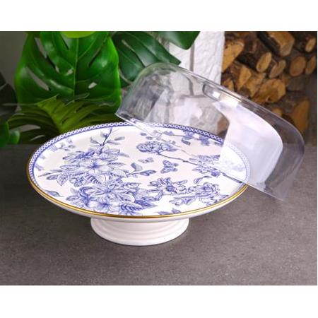 Plastik Kapaklı Seramik Pasta Kek Servis Sunum Tabağı Standı